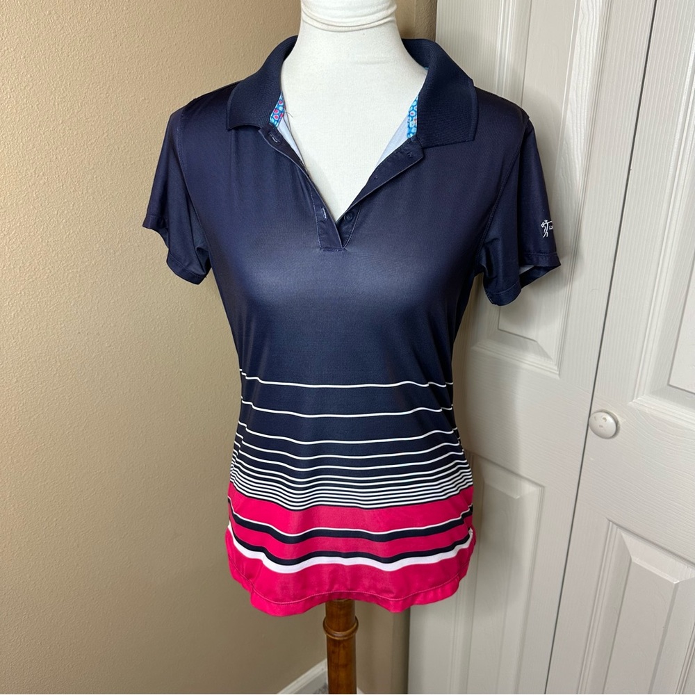 LPGA Golf Polo Navy Striped Button Down Shirt